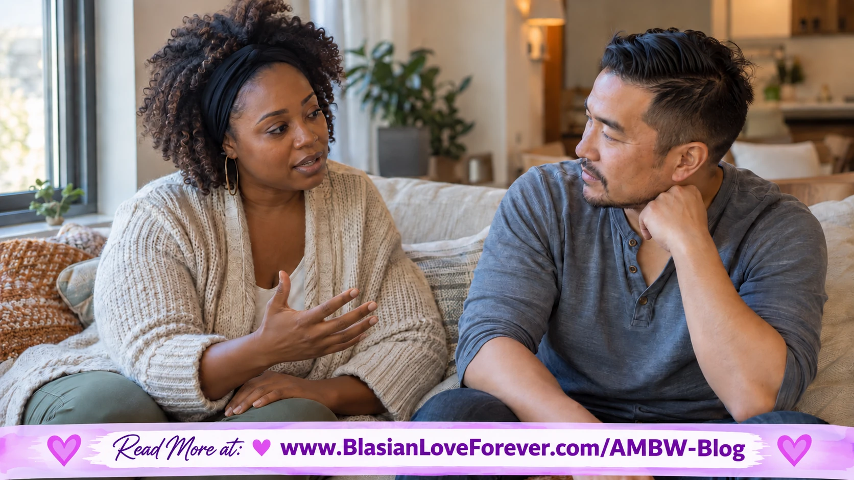 Married couple having a calm and thoughtful conversation at home
