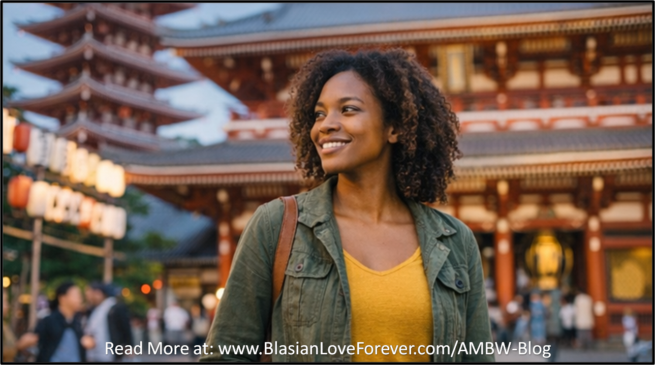 Black woman smiling while visiting Japan