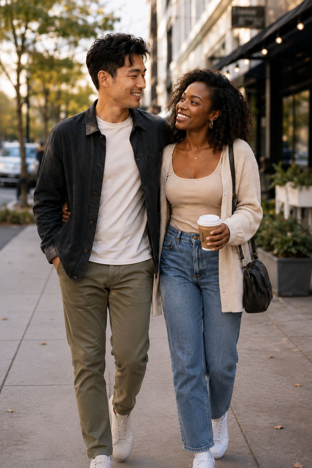 Asian Man and Black Woman Walking Together | Blasian Love Forever™ Asian man and Black woman smiling at each other while walking together outdoors