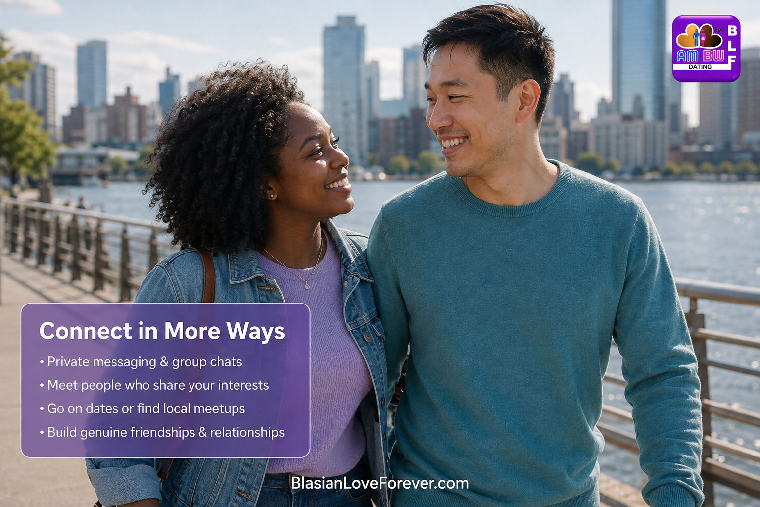 Asian man and Black woman enjoying time together by a city waterfront