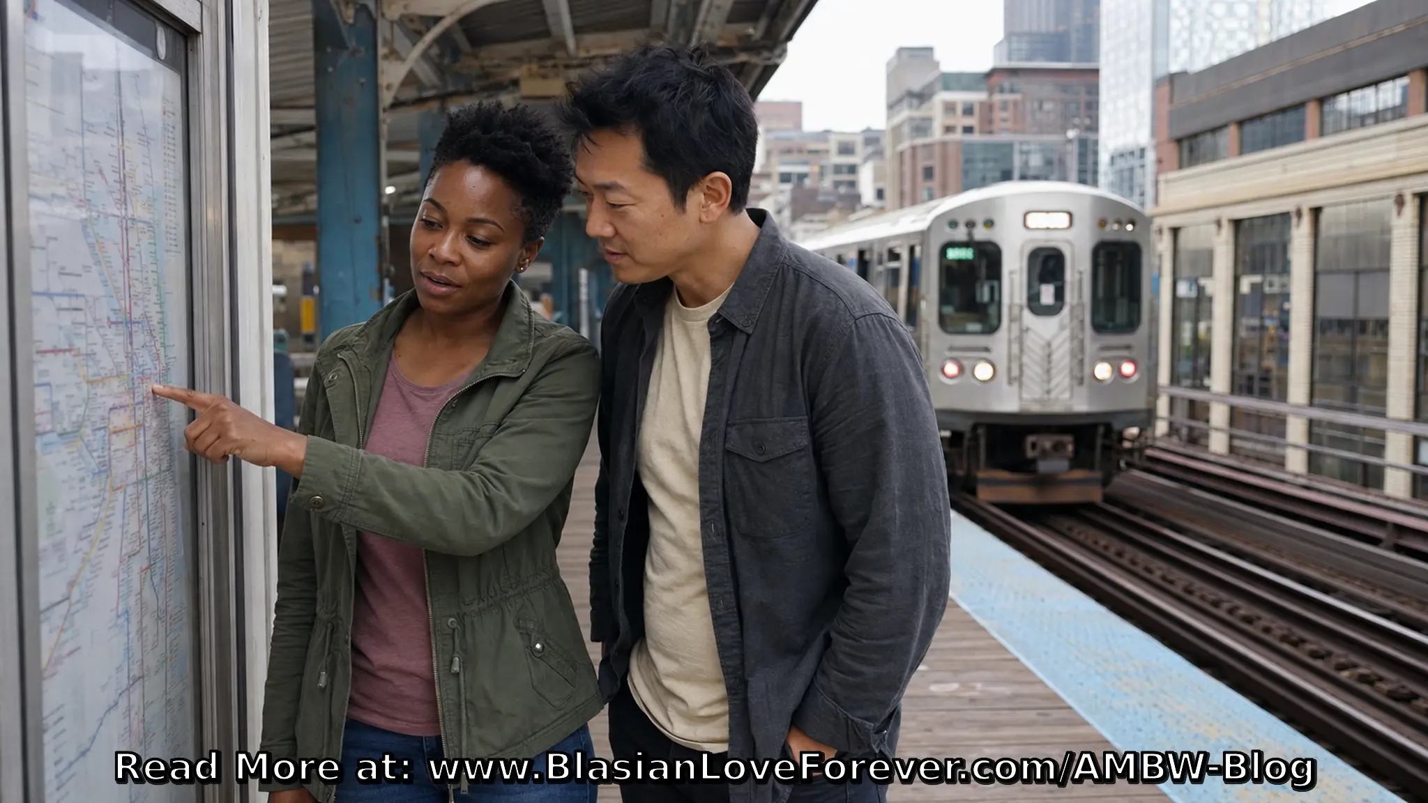 Asian man and Black woman planning their route together on a Chicago elevated train platform
