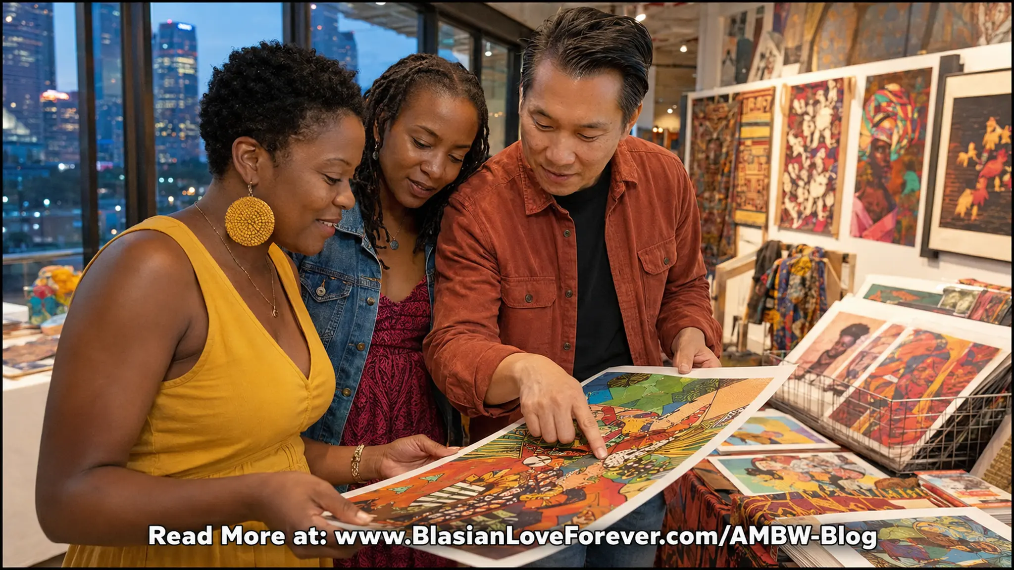 Asian man and two Black women exploring artwork at a vibrant Houston art market