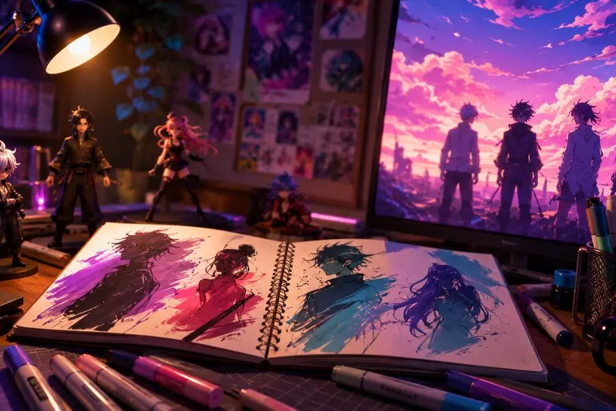 Anime artwork on a creative desk