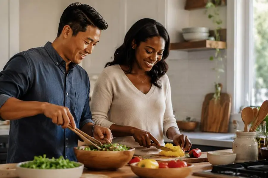 A happy couple preparing food together