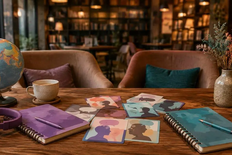 Language-learning cards arranged on a table