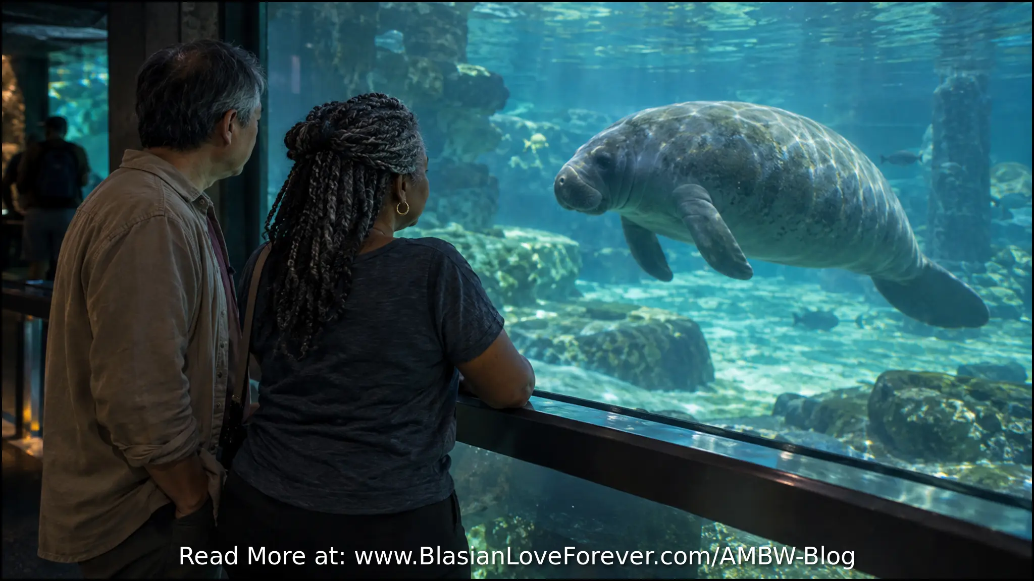 Black woman and Asian man watching a manatee at a Florida conservation center
