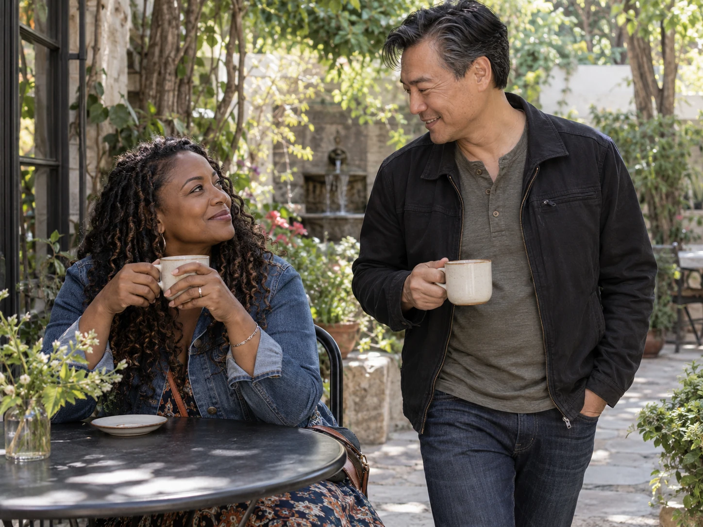 A mature Black woman and East Asian man enjoying a relaxed outdoor date
