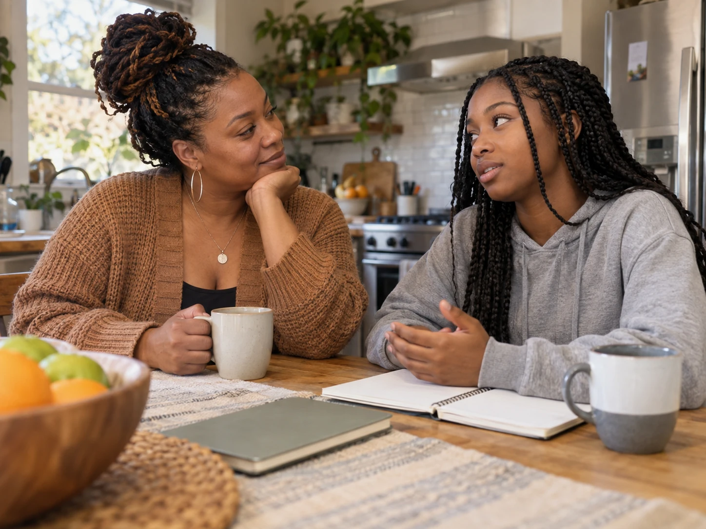 A Black mother and her teenage daughter having a calm conversation at the kitchen table